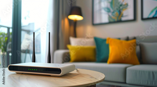 Modern wi-fi router on table in living room