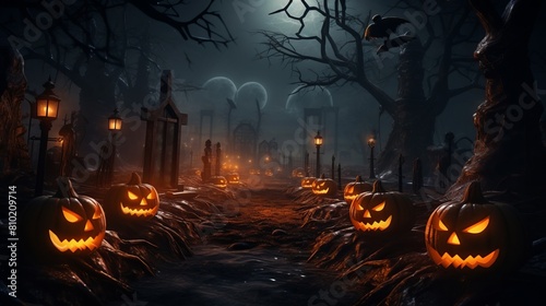 Halloween horizontal background. A spooky cemetery transforms into a magical scene at midnight, with pumpkins and lanterns glowing in the darkness, creating a fiery event.