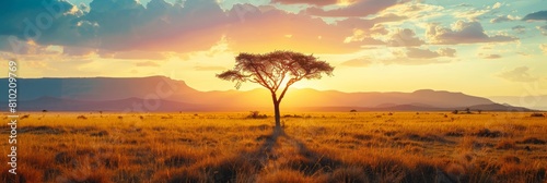 A Lone Acacia Tree Stands Majestically Against a Dramatic Orange Sky in the Vast Savannah, Offering a Peaceful and Serene View That Captures the Essence of Africas Natural Wilderness, Generative AI