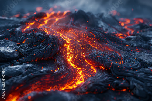 A fiery volcanic eruption shaping the Earth's surface, releasing molten lava and ash into the atmosphere, forming new landmasses over millennia. Concept of geological upheaval. Generative Ai.