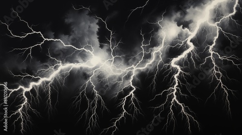 Multiple lightning strikes illuminating the dark stormy sky