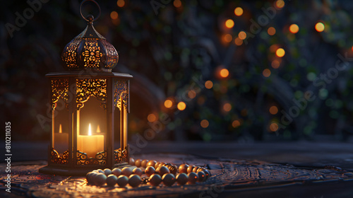 Muslim lantern with candle and prayer beads for Ramada