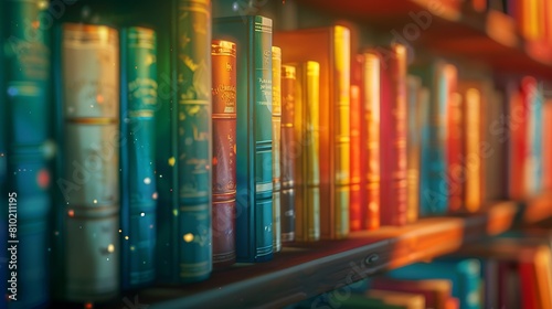 A row of colorful textbooks arranged neatly on a shelf, each one containing a world of knowledge and adventure