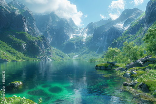 A mystical fjord carved by ancient glaciers, with steep cliffs rising from emerald waters and hidden coves waiting to be explored. Concept of glacial landscapes. Generative Ai.