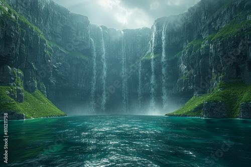 A mystical fjord carved by ancient glaciers, with steep cliffs rising from emerald waters and hidden coves waiting to be explored. Concept of glacial landscapes. Generative Ai.