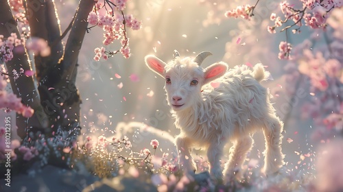 Amongst the cherry blossoms, baby goats create a whirlwind of joy, their tiny hooves a symphony of innocence and delight