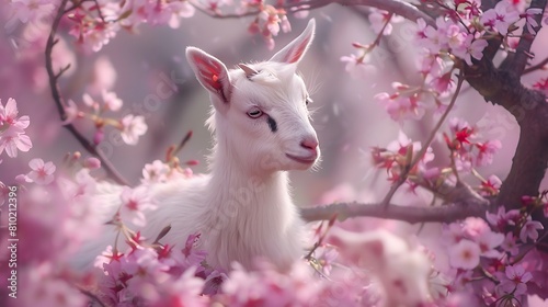 Amongst the cherry blossoms, baby goats create a whirlwind of joy, their tiny hooves a symphony of innocence and delight