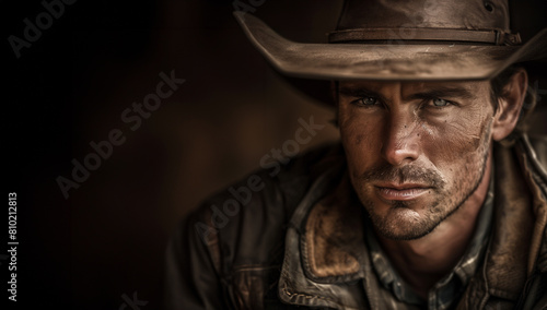 A detailed portrait of a confident white male cowboy with light blue eyes and scruffy facial hair. He has dirt on his face, and wears a tattered cowboy hat and the clothing of a rancher or rodeo rider