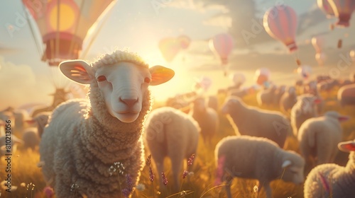 Curious lambs gather in a sunlit field, accompanied by a spectacle of floating balloons, heralding the arrival of Bakra Eid