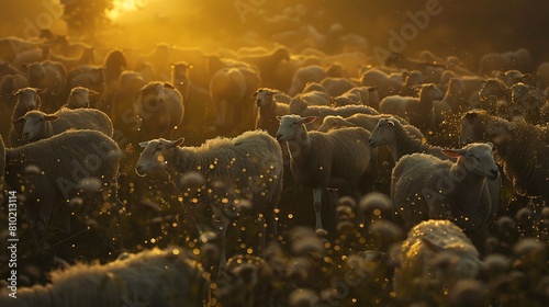 Dew-kissed grass shimmers in the morning light, enveloping a flock of sheep in a serene setting before their sacred journey on Kurban Bayrami