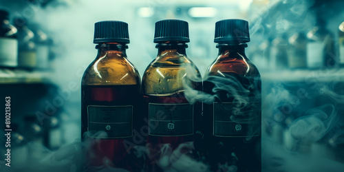 Hazardous Chemical Bottles Emitting Toxic Fumes in a Dimly Lit Laboratory