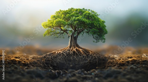 A lone, verdant tree with sprawling roots stands resilient on drought-ridden cracked soil, symbolizing hope
