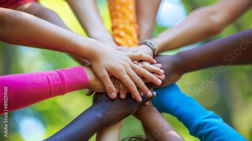 A close-up capture of multicolored hands coming together in the center represents unity, diversity, and teamwork among individuals