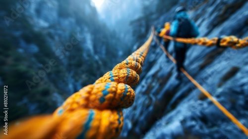 A focused climber ascends a steep rock face, secured by a vibrant orange rope leading through a dramatic rocky landscape