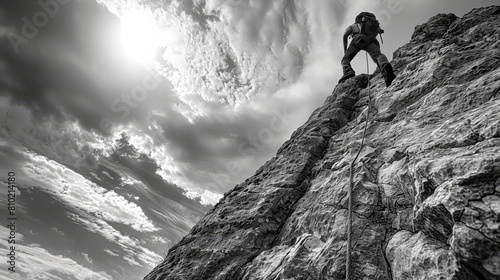 A dramatic black and white image of a mountaineer scaling a rugged cliff face, highlighting the extreme nature of the sport