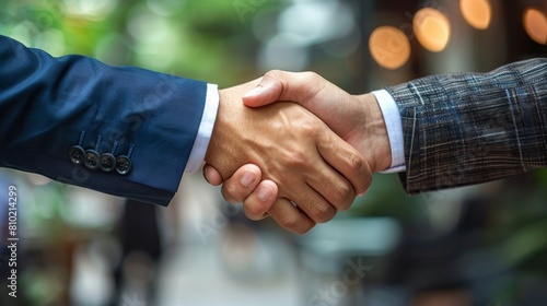 A close-up of a professional handshake between two men indicating a business agreement