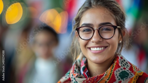 Smiling young woman wearing glasses and a colorful scarf with a blurred multicultural background