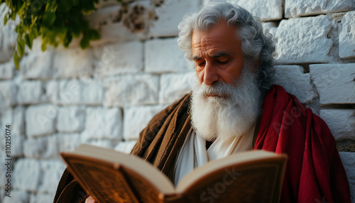 Greek philosopher reading a book in front of white brick wall 