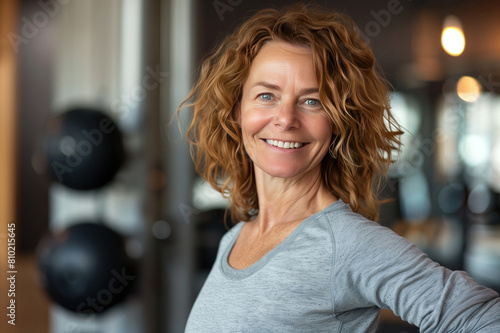 Smiling mature woman in gym. Middle aged woman in fitness center.