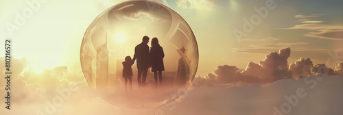 Family silhouettes huddles inside a giant bubble