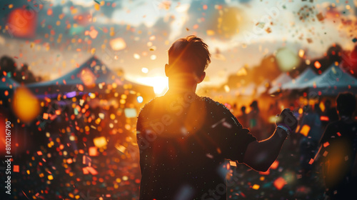 Young man enjoy a music festival concerts at the main stage