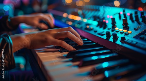 A detailed view showcases musician's hands playing an electronic synth keyboard with vivid lighting