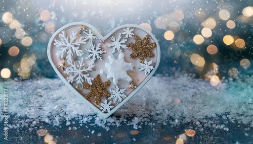 snowflake heart shape with bokeh and falling blue and gold frozen snowflakes luxorious magical pastel christmas new year love valentine engagement gift present generative ai