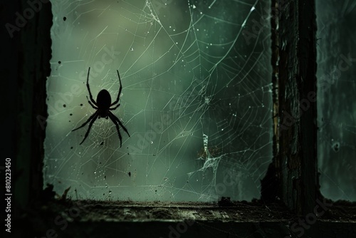 Solitary spider awaits prey in an intricate web between trees in a dark, misty forest, exuding a spine-chilling atmosphere