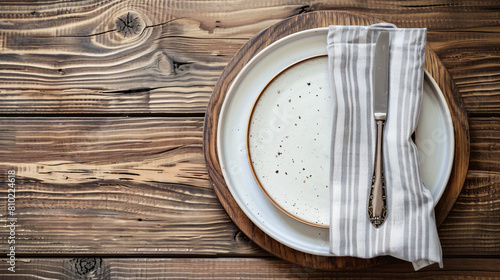 Plate fork and stylish napkin on wooden background