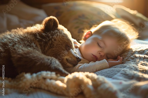 An intimate shot capturing a toddler peacefully napping next to a dozing bear cub, illuminated by the warm light of a sunrise, radiating a sense of harmony and wonder