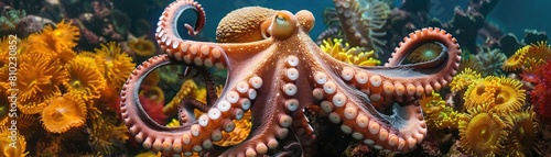 Realistic depiction of an octopus in a colorful coral reef