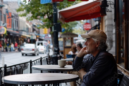 A man enjoying a cup of coffee at a quaint sidewalk cafe, his gaze wandering over the bustling city streets as he savors the aroma