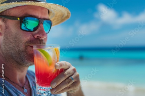 A contented man sipping a colorful cocktail on a tropical beach, the beach scene softly blurred