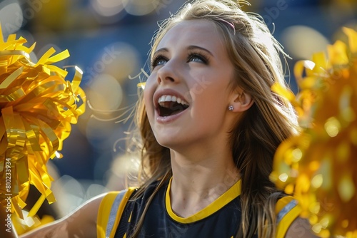 A close-up of a Pom-pom girl cheering energetically on the sidelines of a game