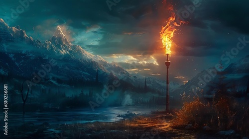Capture the essence of a majestic torch standing tall against a sweeping landscape, its flames dancing in the wind, igniting the scene with fiery intensity
