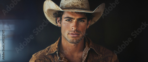 A cinematic portrait, a confident handsome young cowboy with dark hair. He has dirt on his face, and wears a tattered cowboy hat and the clothing of a rancher or rodeo rider