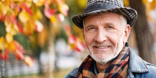 older man in bowler hat and jacket and scarf outdoors in the autumn with colorful leaves and copy space in the park