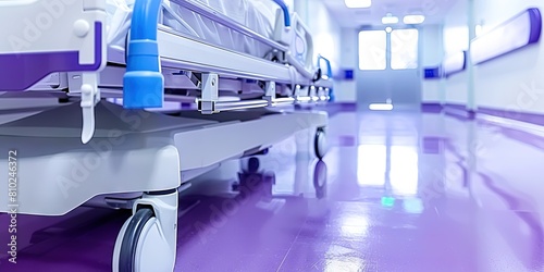 hospital gurney bed on wheels in an empty hospital hallway interior - clean and polished white interior