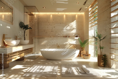 Zen-inspired Bathroom: Neutral tones, freestanding bathtub, wooden accents, minimalistic vanity, spa-like ambiance