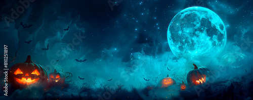  Halloween background with pumpkins and bats on the blue blured background