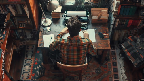Typewriter captures him engaged in writing , surrounded by creativity and inspiration in the style of a creative workspace
