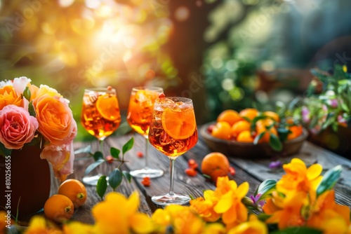 Refreshing Aperol Spritz cocktails on a sunny garden table, surrounded by vibrant flowers and fresh oranges. Vibrant aperitivo scene with Aperol spritz 