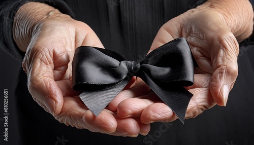 Hands of an elderly person holding a black ribbon in mourning of a deceased person, hands holding black mourning ribbon
