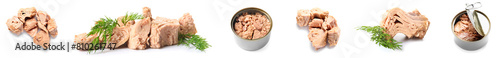 Set of delicious canned tuna on white background