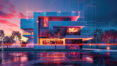 A sleek and modern futuristic house glowing at night built near still water