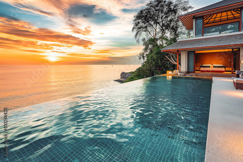A luxurious beachfront property with a private infinity pool overlooking the turquoise ocean, as the sun dips below the horizon, casting a fiery orange reflection on the water.