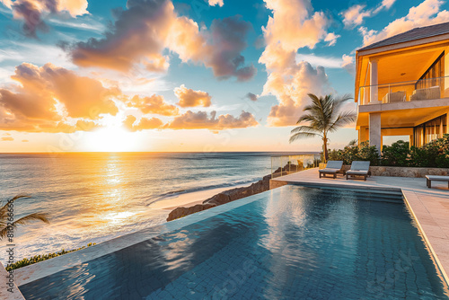 A luxurious beachfront property with a private pool and a view of the turquoise ocean, bathed in the golden light of sunset.
