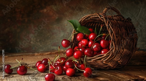 Freshly picked cherries spilling out of a rustic woven basket on a wooden table