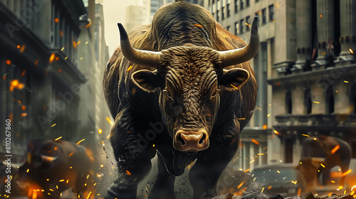 bull in street, stock trading bullish market concept. 4K Wallpaper and Background for desktop, laptop, Computer, Tablet, Mobile Cell Phone, Smartphone, Cellphone