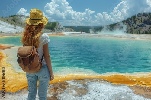 A wanderlust traveler marvels at the breathtaking view of the Grand Prismatic Spring in Yellowstone National Park